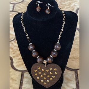 Brown and Gold Heart Pendant Necklace and Earring Set
